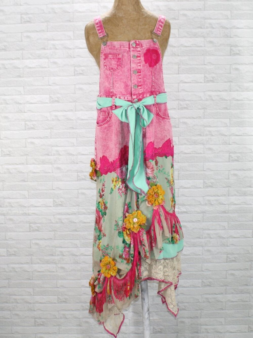 HAND CRAFTED Overalls Denim Jean Dress Upcycled Retro Boho Floral Pink Large